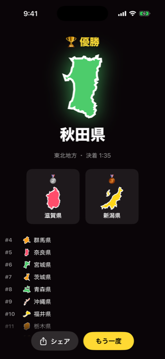 結果画面。優勝県と表彰台